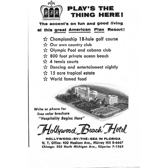 Hollywood Beach Hotel Resorts Florida 1950s Vintage Print Ad - Picture 1 of 4